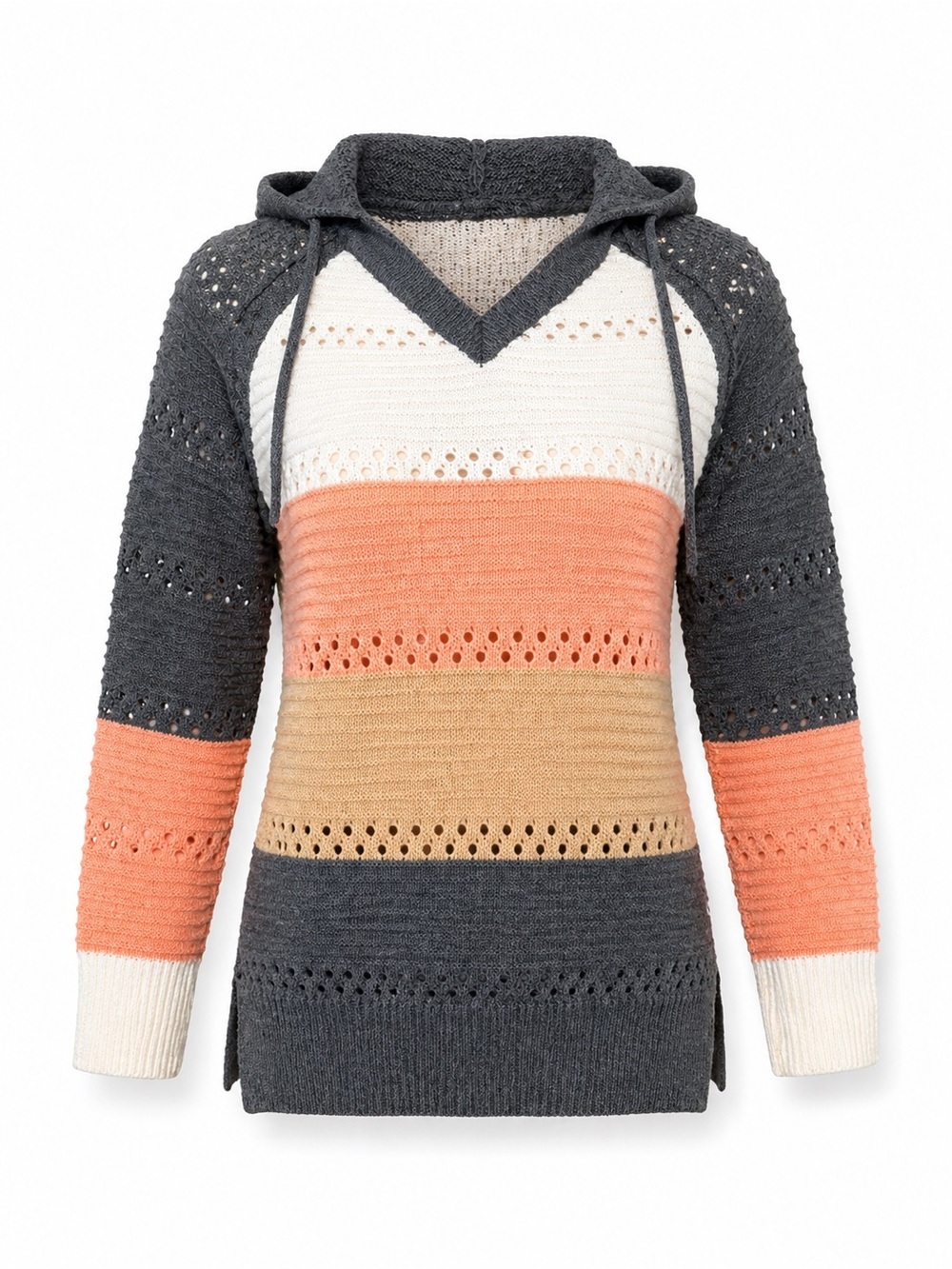 SHEIN Knit Hoodie S Colorblock Peach Grey Boho Lightweight Sweater Pullover